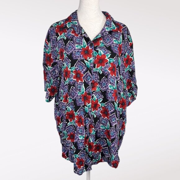 Vintage 80’s Fritzi Shirt Sleeve Button Down Shirt Floral Hawaiian Style Large - Picture 1 of 9